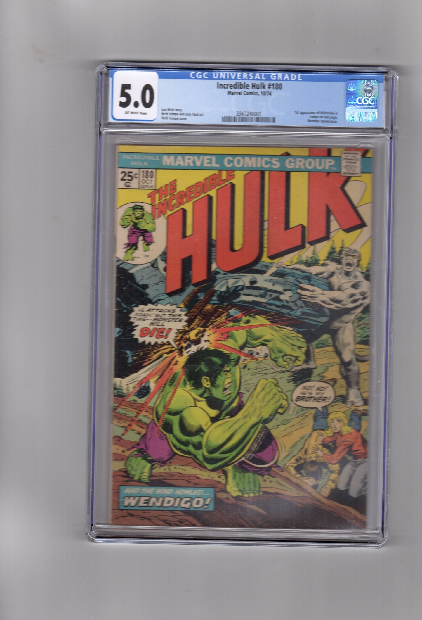 Marvel Comics CGC Comic INCREDIBLE HULK #180 CGC 5.0